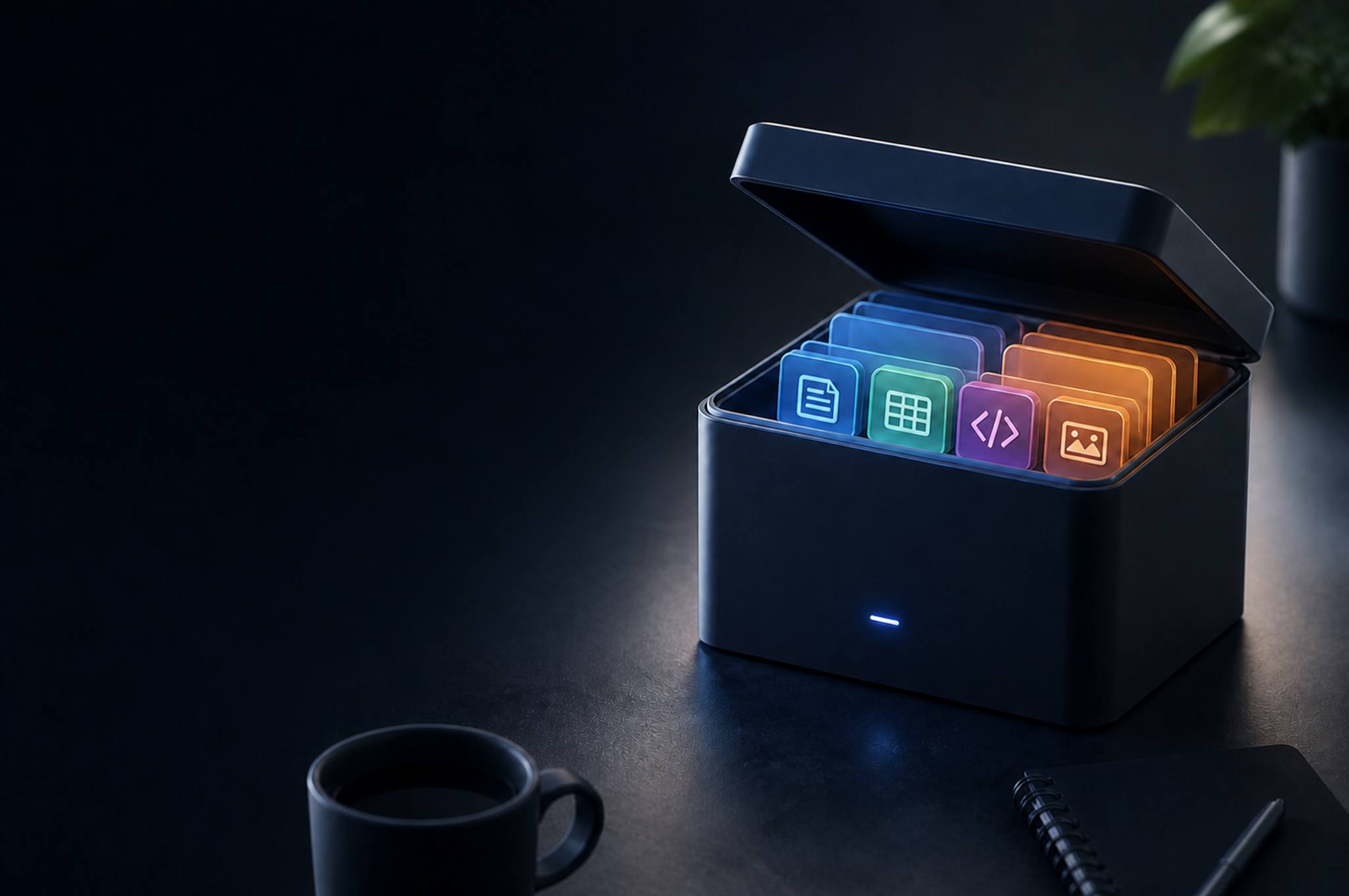 A desk box of glowing document, spreadsheet, code, and image app tiles beside a coffee mug and notebook