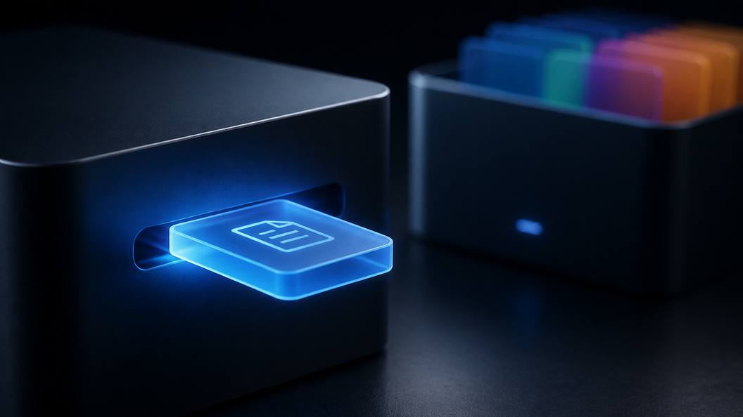 A glowing app tile clicking into a slot on a dark agent device, with the PowMCP app box behind it