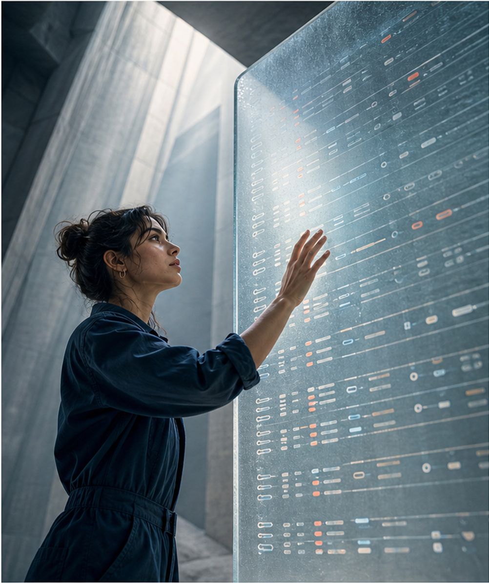 Person reviewing a translucent validation report panel filled with engine result rows